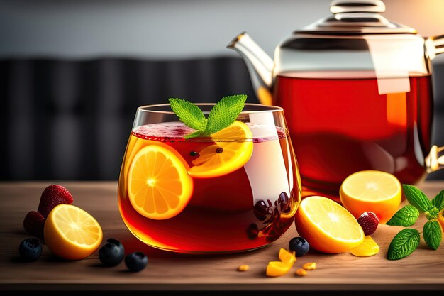 Chá de frutas cítricas e frutas com frutas, limão, laranja e tomilho em um bule de vidro na mesa de madeira escura