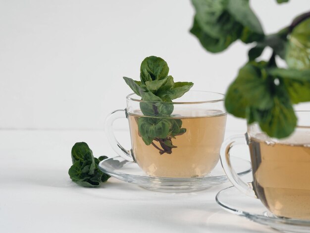Foto chá de hortelã perfumado em um fundo claro uma chávena de chá um monte de chá de ervas de hortelão fresco aplicação