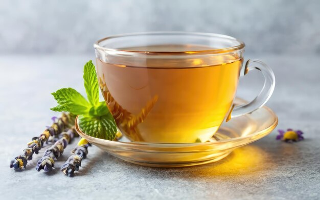 Foto chá de infusão de ervas com camomila, lavanda e hortelã