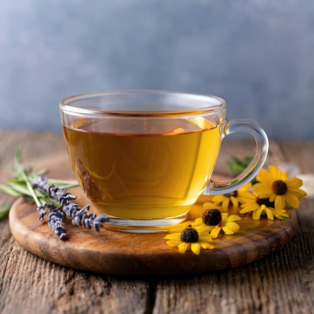 Foto chá de infusão de ervas com camomila, lavanda e hortelã