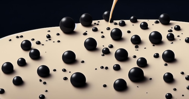 Chá de leite de bolha com bolas de tapioca espirrando contra fundo preto