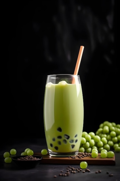 chá de leite de bolha verde com pérolas de tapioca de café e bolas de bolha de geléia em copo alto com um canudo