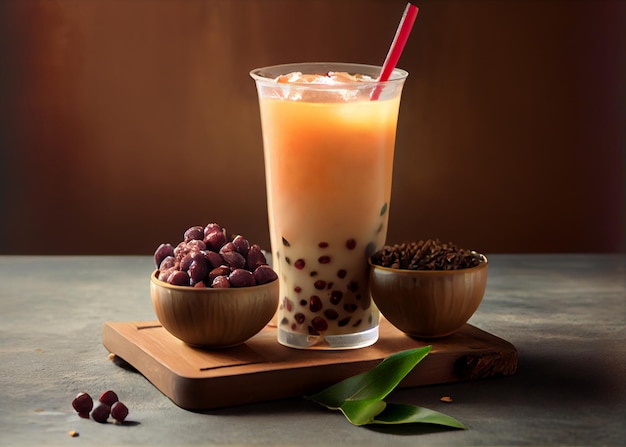 Chá de leite gelado com bebida asiática com chá de bolha de cobertura de feijão vermelho em copo de plástico transparente para viagem AI Generated