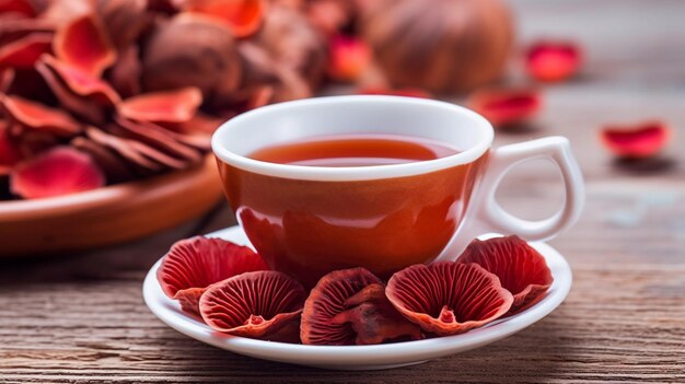 chá de lingzhi de cogumelo reishi vermelho quente em mesa de madeira