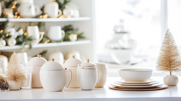 Chá de porcelana branca e copos em mesa branca em sala de estar aconchegante com árvore de Natal