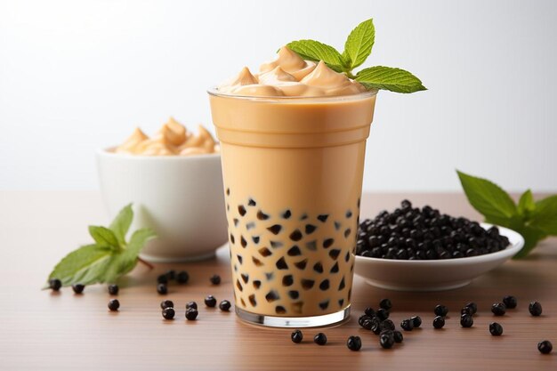 Foto chá de tapioca boba com leite de coco em fundo branco