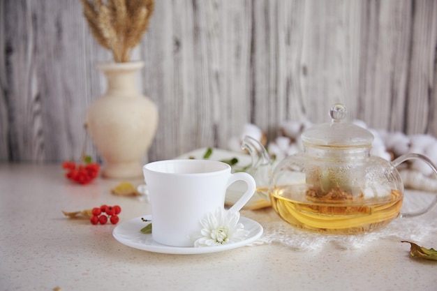 Chá de tília em bule com xícara de chá Flores perfumadas secas Arranjos de outono e algodão Casa atmospérica aconchegante