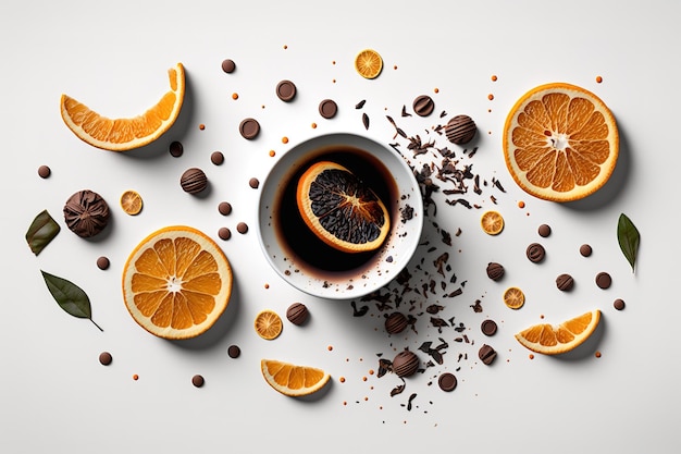 Chá em uma xícara com uma fatia de laranja seca e alguns grãos de café no fundo sobre um fundo branco