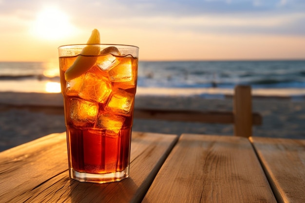 Chá gelado sendo desfrutado ao pôr-do-sol com um fundo de praia