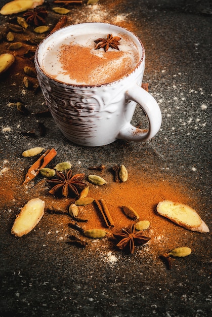 Chá indiano tradicional masala chai com especiarias - canela, cardamomo, anis