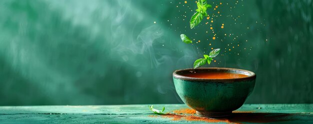 Foto chá matcha ceremonial com pó verde bichado e folhas vibrantes espalhando em um ambiente zen