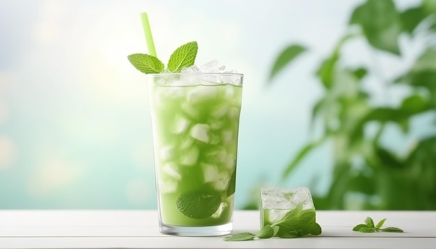 Chá matcha verde com cubos de gelo em copo em mesa de madeira branca sobre fundo verde