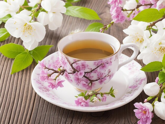 Chá perfumado com galhos em flor em uma mesa de madeira em close-up