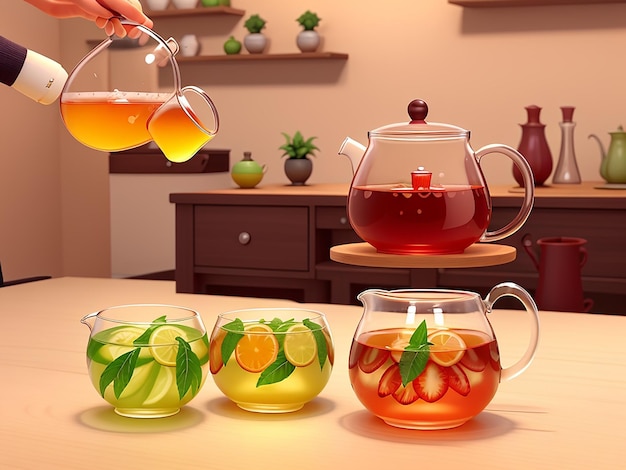 Chá quente com limão, espinho-do-mar, canela e hortelã Chá em uma chaleira de vidro Foco seletivo