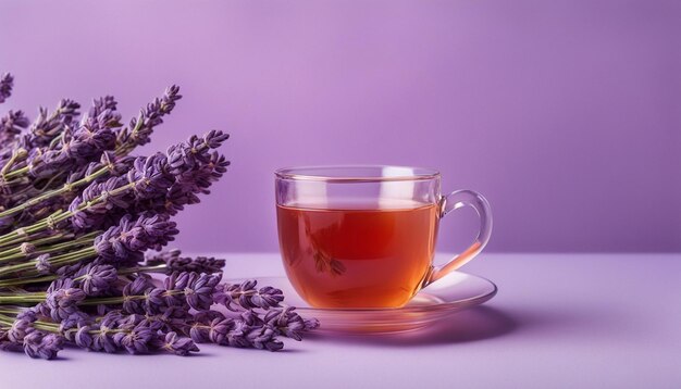 Chá quente de lavanda em fundo lila pastel bebida de flores naturais para a manhã bom humor espaço de cópia