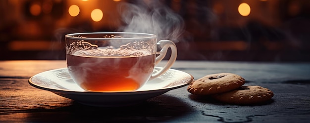 Chá quente em uma xícara com vapor sobre uma mesa de madeira Biscoitos na borda Generative AI