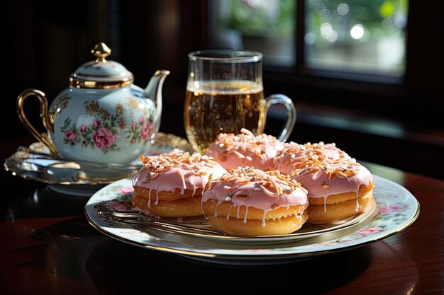 Chá sofisticado e donuts luxuosos harmonizam IA elegantemente generativa