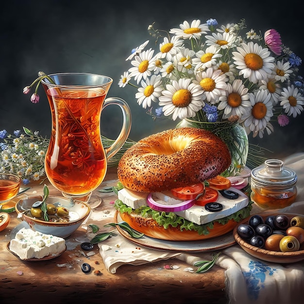 Chá turco, queijo Simit e azeitonas, pintura de natureza morta