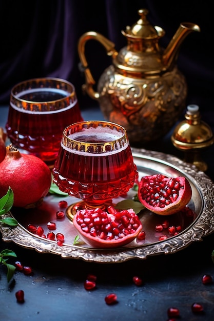 Chá turco servido junto com muitas romãs