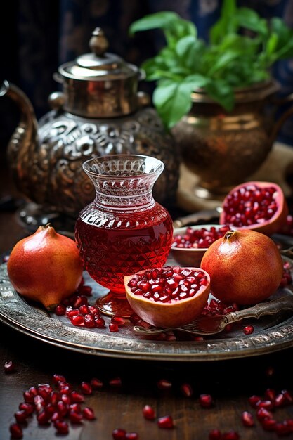 Chá turco servido junto com muitas romãs