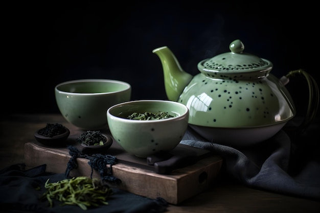 Chá verde em um bule e tigela isolada em fundo preto