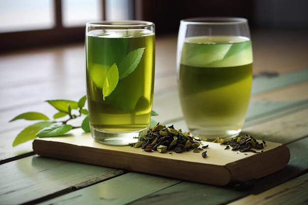 Chá verde fresco em um copo alto colocado no chão de tábuas