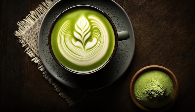 Chá verde Matcha com espuma de latte art em xícara com pó na mesa de madeira escura latte art Generative AI