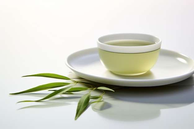 Chá verde realista em uma xícara de vidro com folhas verdes frescas fluxo líquido com folha de chá