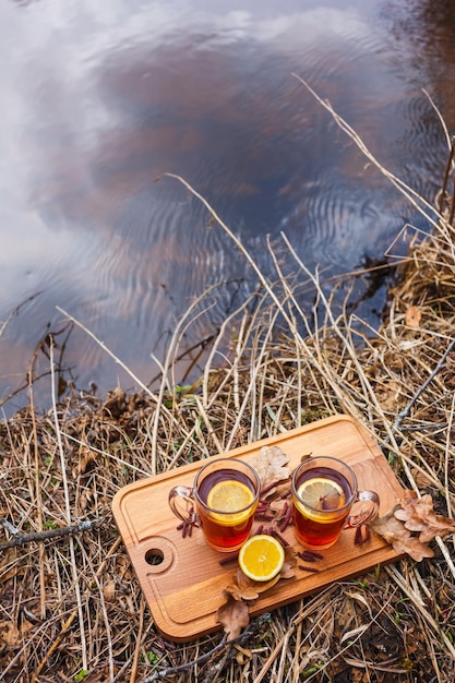 Chá vermelho com limão em canecas de vidro na natureza