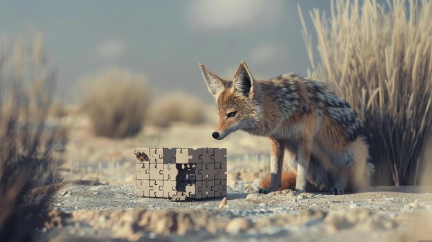 Foto un chacal curioso se acerca a un misterioso cubo de rompecabezas en medio del desierto