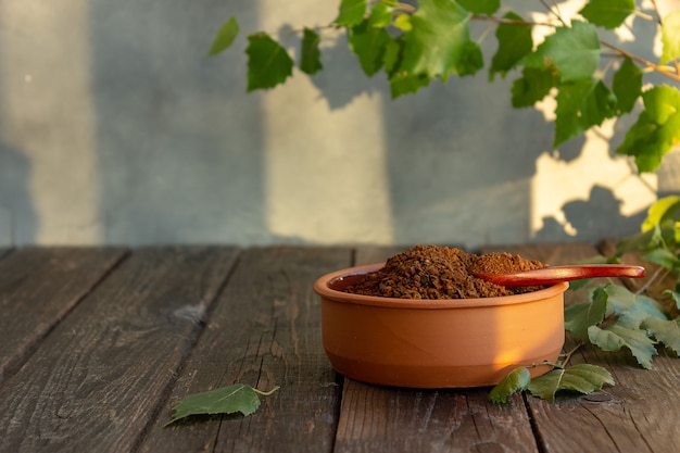 Chaga picada para preparar té. Bebida orgánica, antioxidante, enfoque selectivo