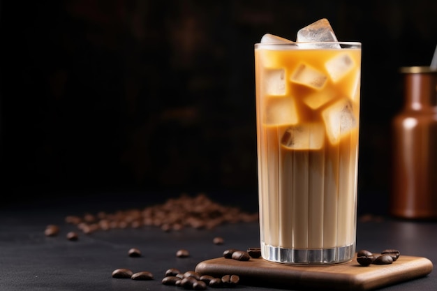 Chai latte gelado com cubos de gelo gigantes em um copo alto