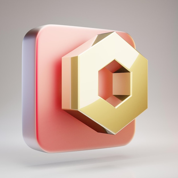 Chainlink-Kryptowährungssymbol. Gold 3d gerendert Chainlink-Symbol auf roter Mattgoldplatte.