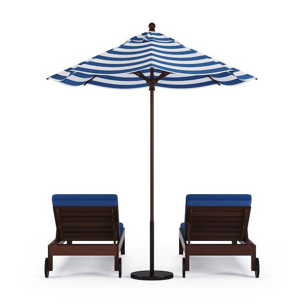 Chaiselongue mit Regenschirm auf weißem Hintergrund. 3D-Rendering.