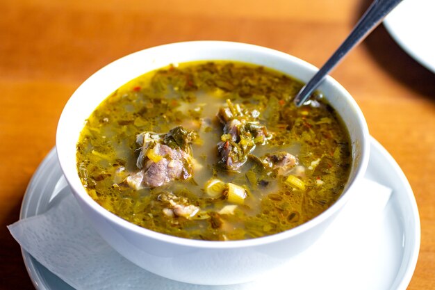 Chakapuli, sopa de carne y verduras en plato blanco, comida tradicional georgiana