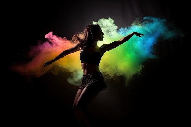 Chakra Dancing es un hermoso ejercicio curativo para la mente, el cuerpo y el alma. Danza del chakra sacro. Silueta de bailarina bailando sobre el fondo de humo en los colores de los chakras. AI generativo.