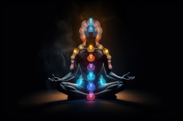 Chakra humano budismo meditación Se refiere a los puntos de energía en su cuerpo Terapias de chakra curación de yoga Discos de energía giratoria para ciertos conjuntos de nervios y órganos principales IA generativa