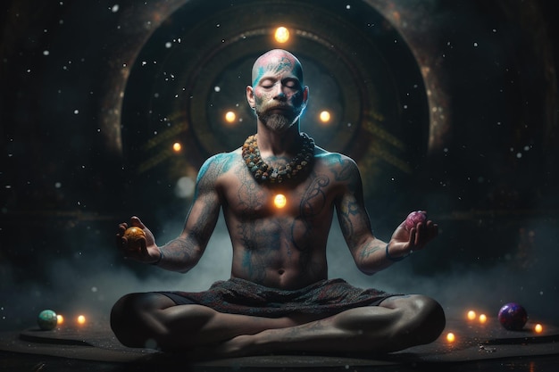 Chakra humano budismo meditando Refere-se a pontos de energia em seu corpo Terapias de chakra yoga cura Discos de energia giratória para certos feixes de nervos e órgãos principais IA generativa