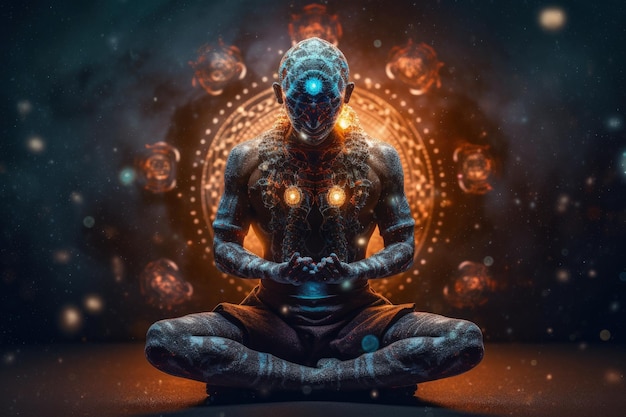 Chakra humano budismo meditando Refere-se a pontos de energia em seu corpo Terapias de chakra yoga cura Discos de energia giratória para certos feixes de nervos e órgãos principais IA generativa