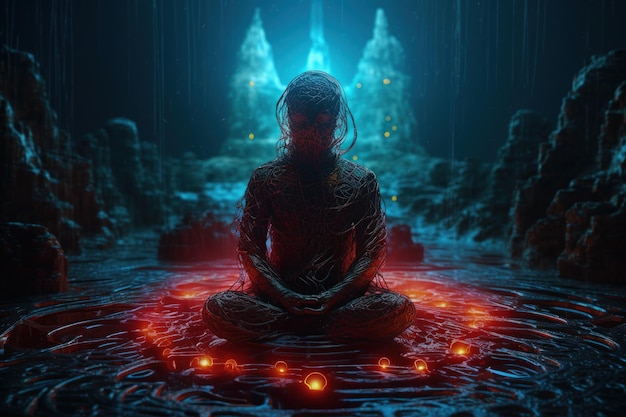 Chakra humano budismo meditando Refere-se a pontos de energia em seu corpo Terapias de chakra yoga cura Discos de energia giratória para certos feixes de nervos e órgãos principais IA generativa