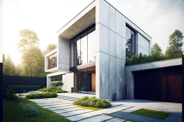 Chalé branco moderno com gramado e passarela estilo escandinavo exterior da casa