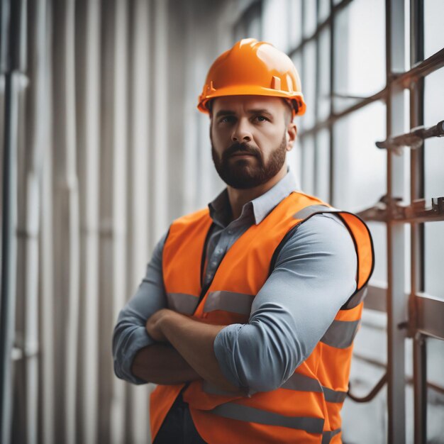 Foto chaleco especialista en seguridad en la construcción y casco naranja de pie