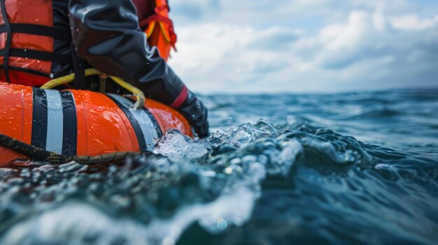 Foto un chaleco salvavidas descansa en una balsa en medio de las vastas aguas del océano bajo un cielo despejado