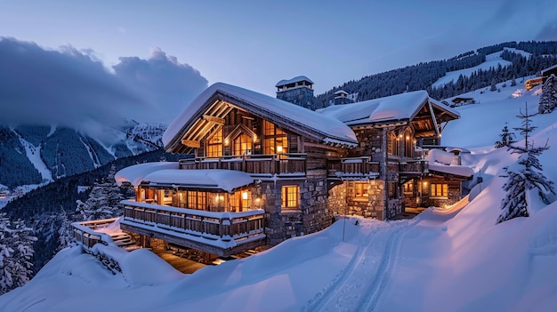 Chalet de esquí alpino Exterior Escena del País de las Maravillas de Invierno