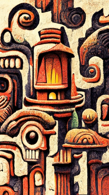 Chalet de estilo maya Ilustración 3D de fondo de colores artísticos