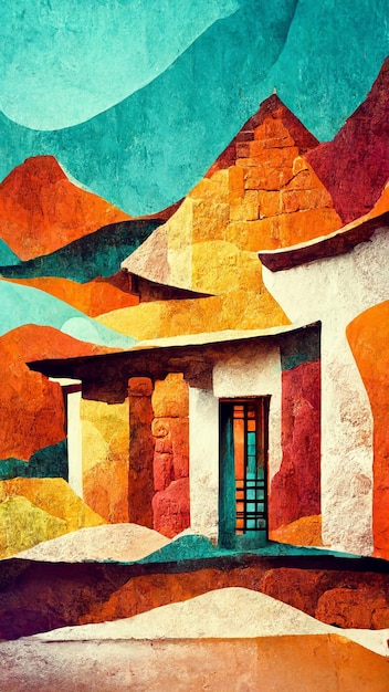 Chalet de estilo maya Ilustración 3D de fondo de colores artísticos