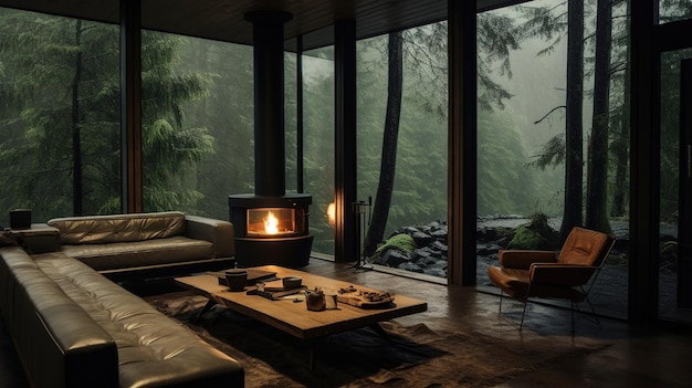 Chalet-Interieur mit Kamin mit Waldblick aus dem Fenster