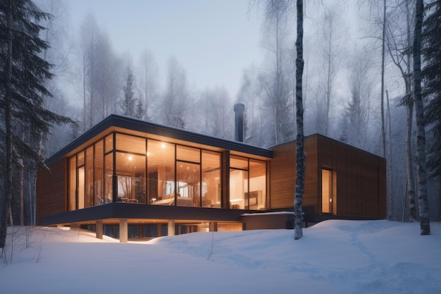 Chalet de madera en los Alpes en una fría noche de invierno