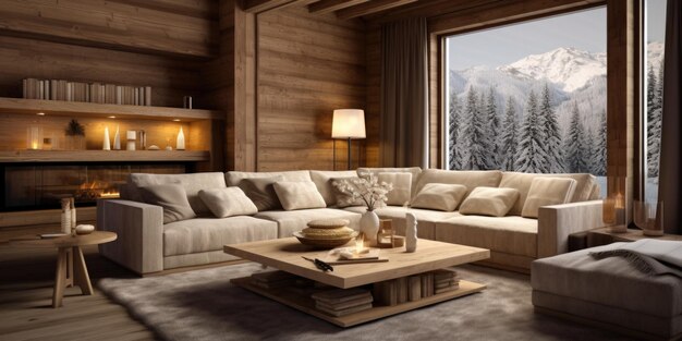 Chalet de madera con muebles modernos Diseño interior de sala de estar moderna