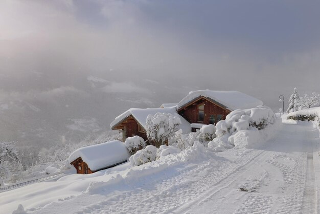 Chalets de madera en aldea alpina cubiertos con el borde de una carretera blanca rural